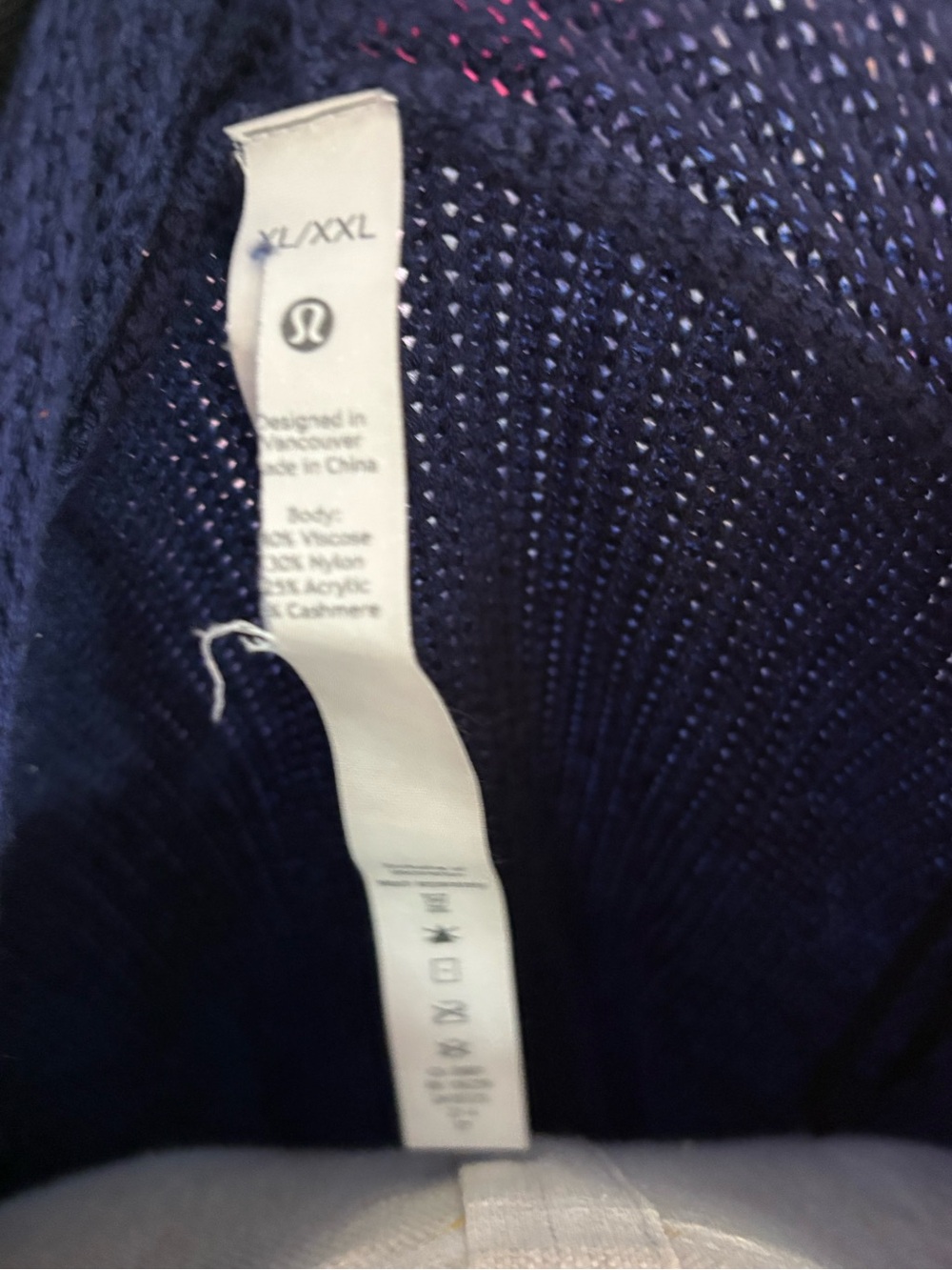 Lululemon athletica Navy Blue Open-Knit Sweater tag has a marker dot & rip tag